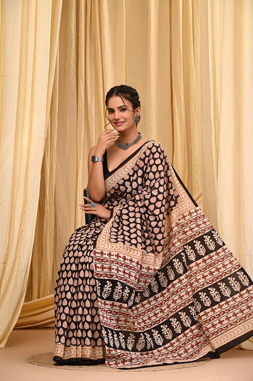 Premium Mul Cotton Hand Block Printed Saree With Blouse Piece - BFSBTC47