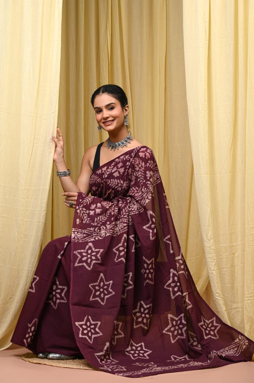 Premium Mul Cotton Hand Block Printed Saree With Blouse Piece - BFSBTC54