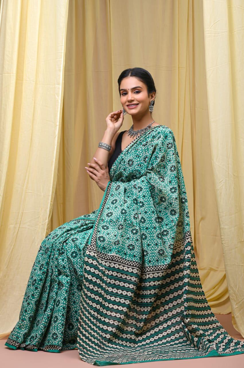 Premium Mul Cotton Hand Block Printed Saree With Blouse Piece - BFSBTC55