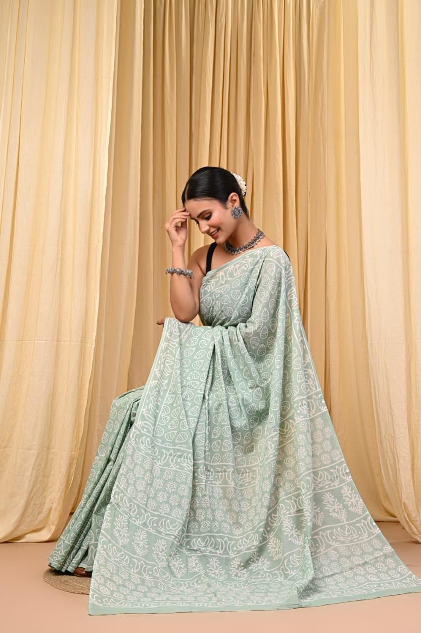 Premium Mul Cotton Hand Block Printed Saree With Blouse Piece - BFSBTC56