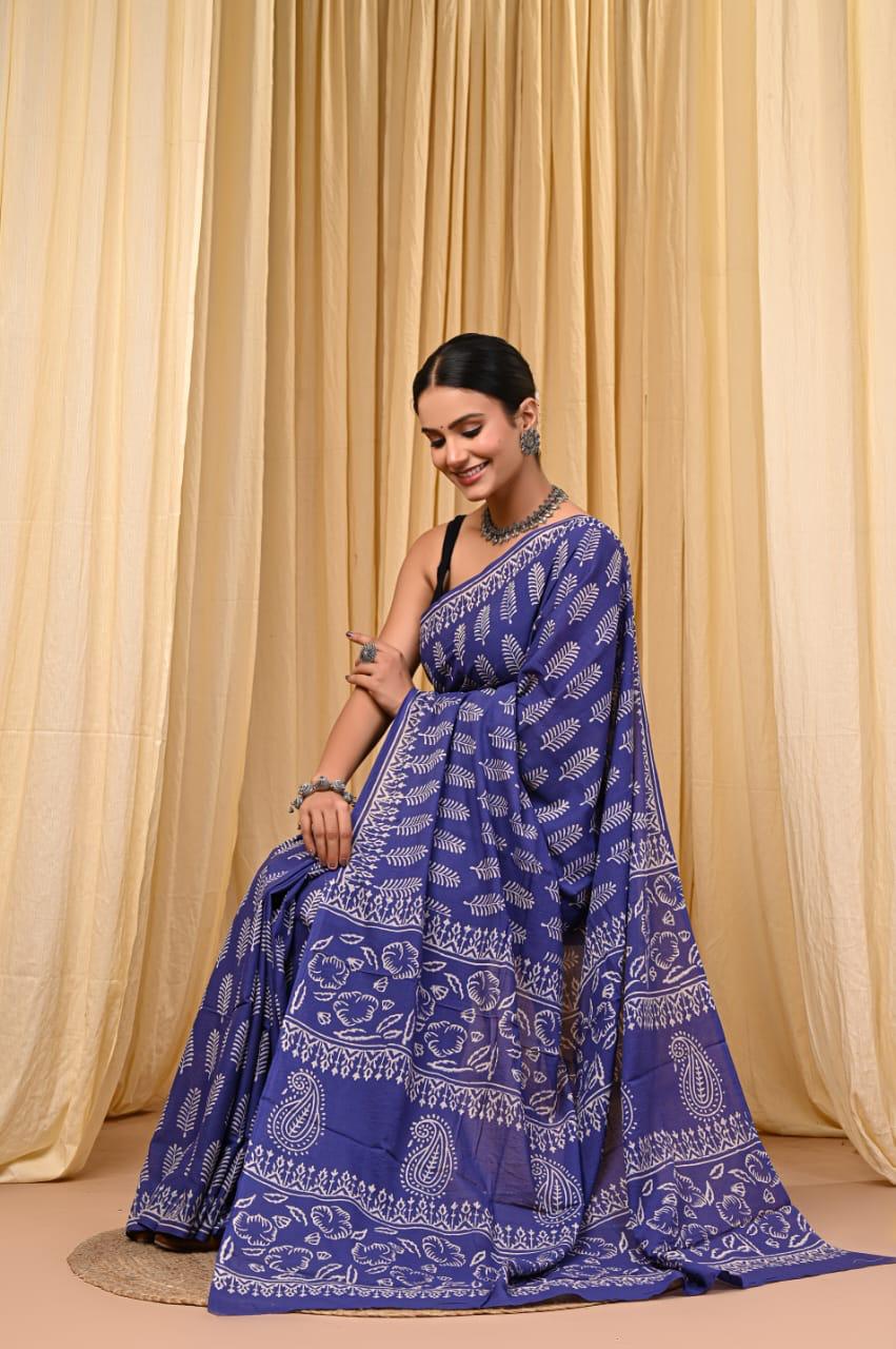 Premium Mul Cotton Hand Block Printed Saree With Blouse Piece - BFSBTC57