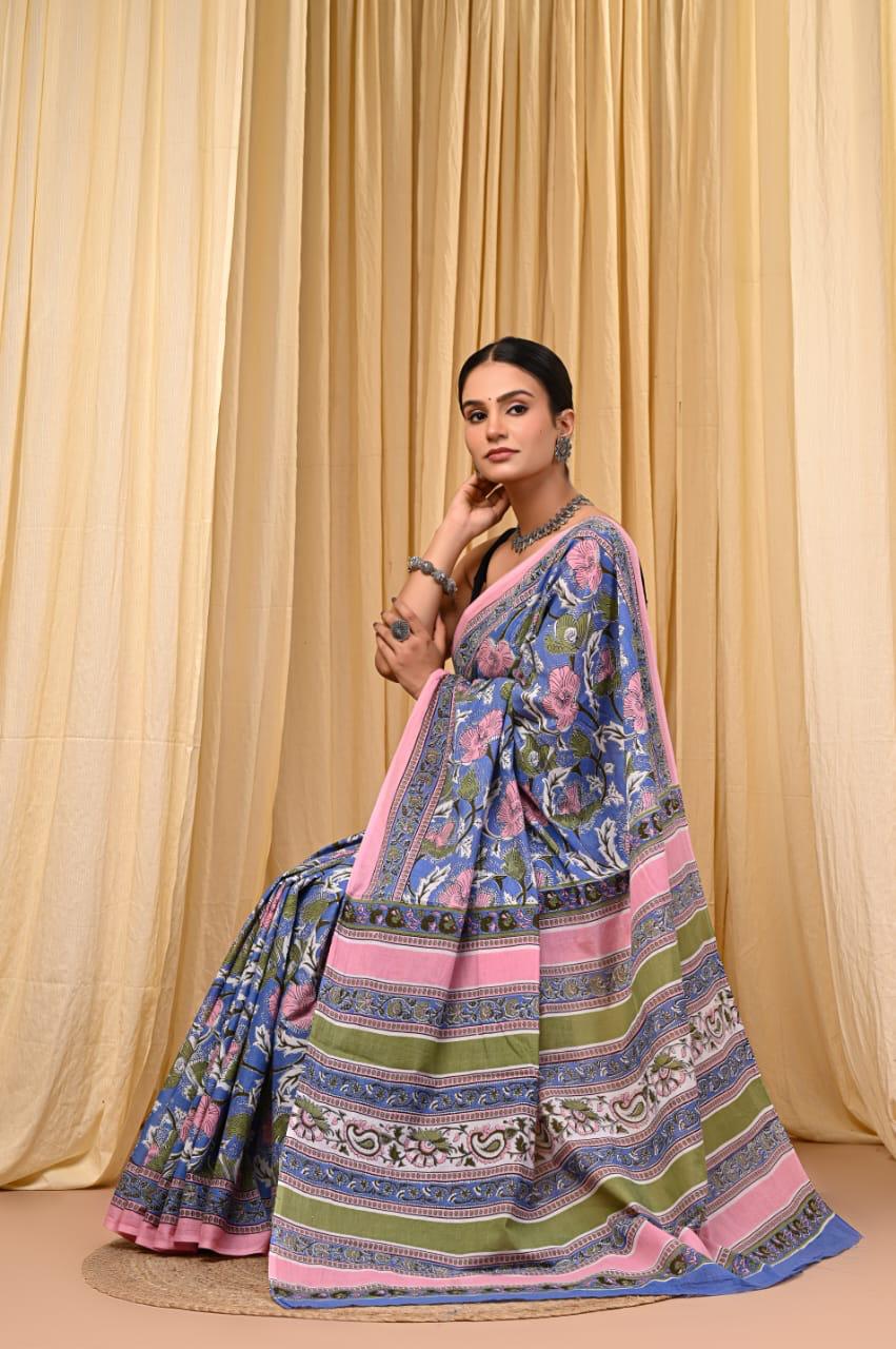 Premium Mul Cotton Hand Block Printed Saree With Blouse Piece - BFSBTC58