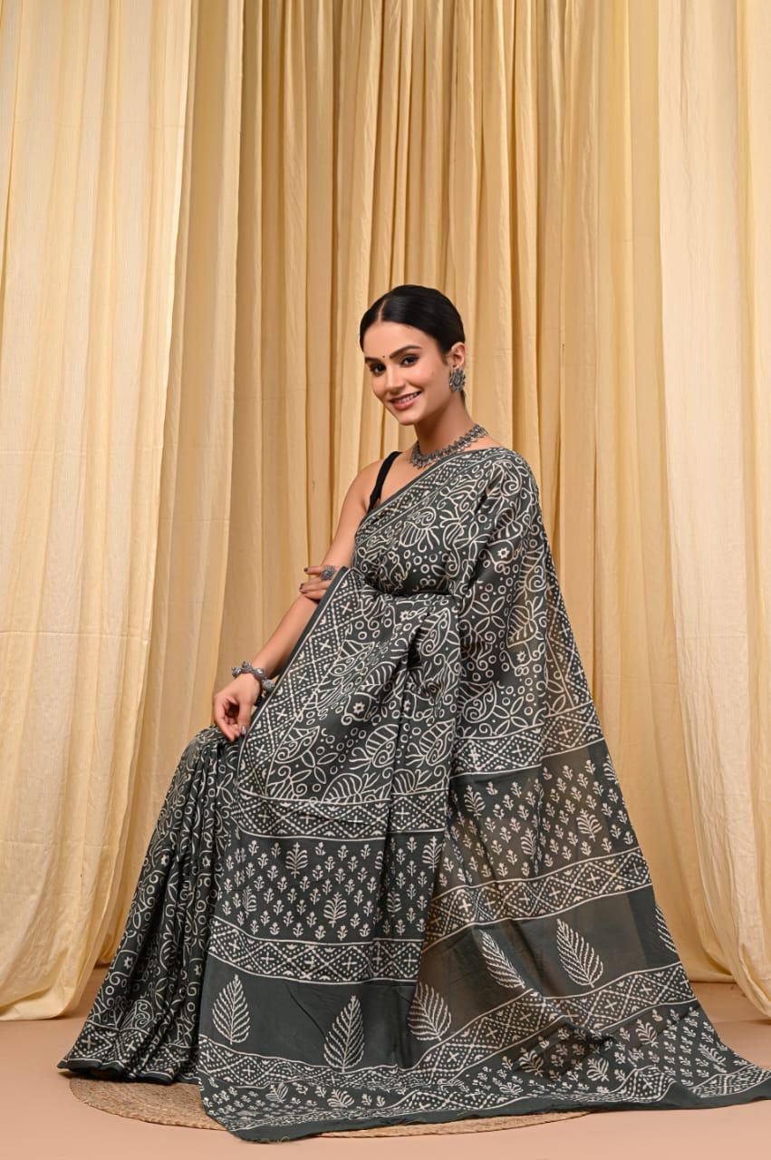 Premium Mul Cotton Hand Block Printed Saree With Blouse Piece - BFSBTC59