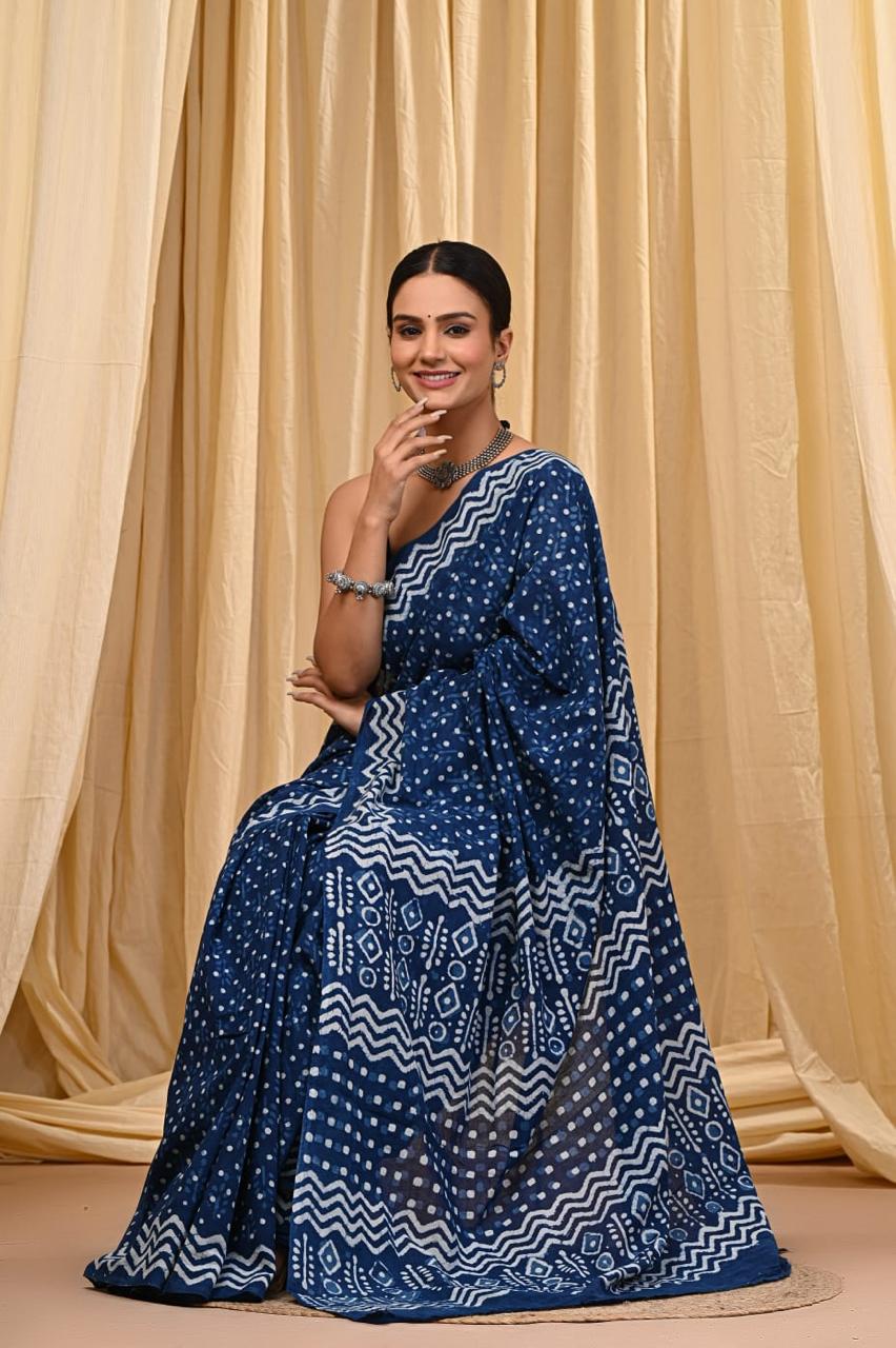 Premium Mul Cotton Hand Block Printed Saree With Blouse Piece - BFSBTC60