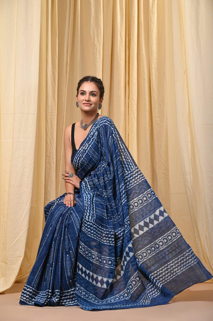 Premium Mul Cotton Hand Block Printed Saree With Blouse Piece - BFSBTC62
