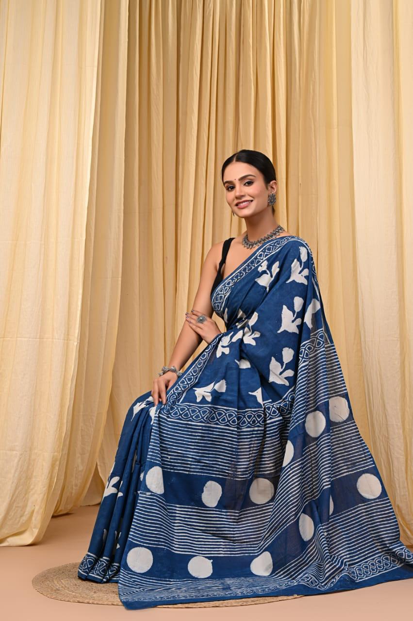 Premium Mul Cotton Hand Block Printed Saree With Blouse Piece - BFSBTC67