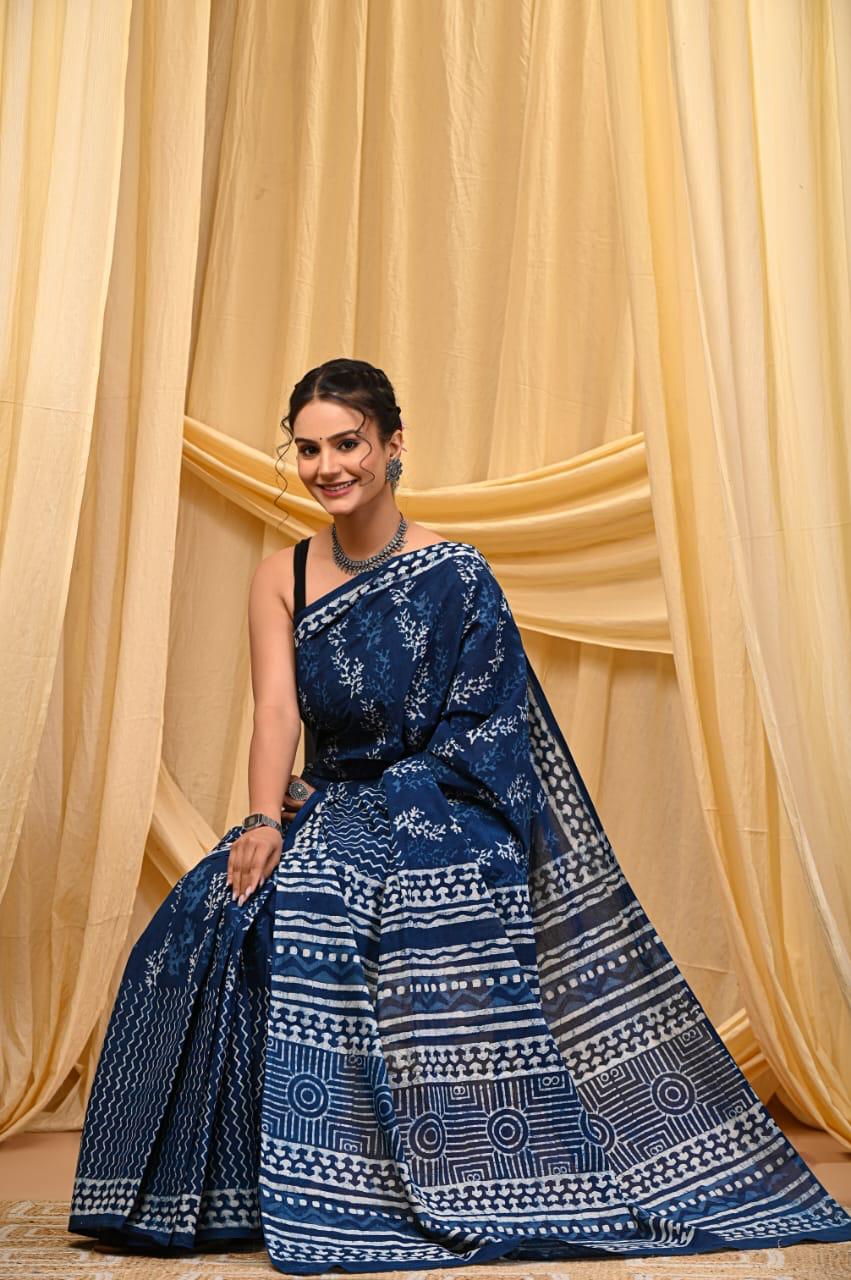 Premium Mul Cotton Hand Block Printed Saree With Blouse Piece - BFSBTC69