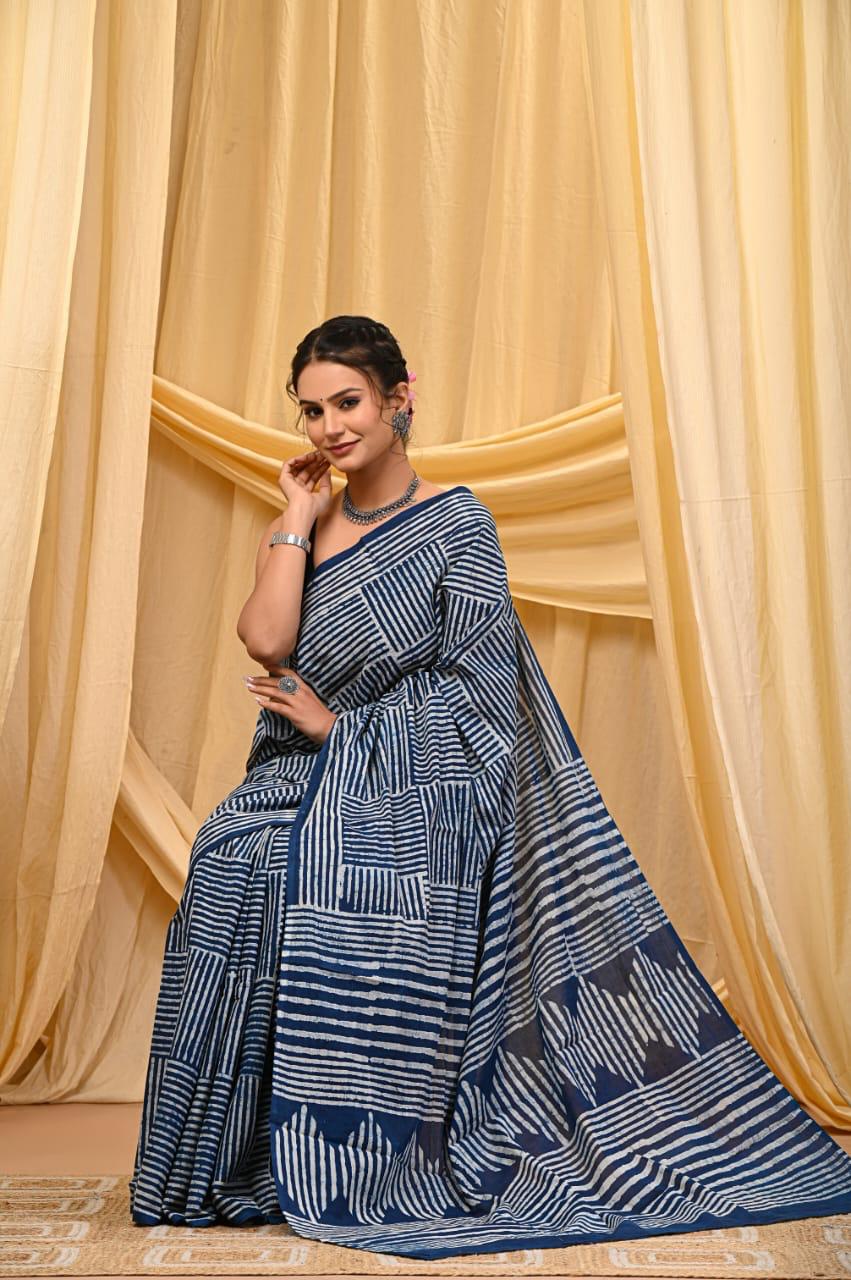 Premium Mul Cotton Hand Block Printed Saree With Blouse Piece - BFSBTC70