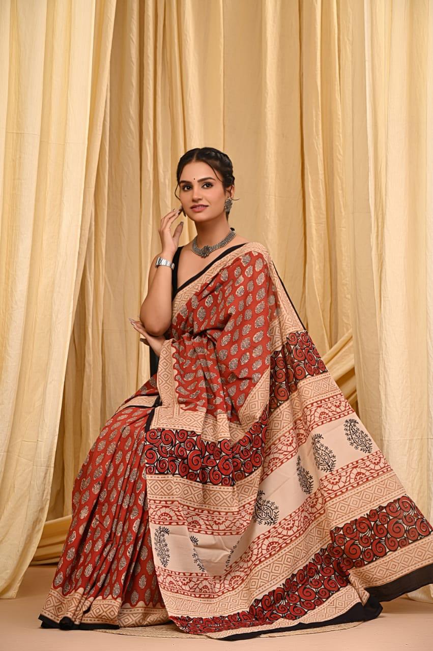 Premium Mul Cotton Hand Block Printed Saree With Blouse Piece - BFSBTC71
