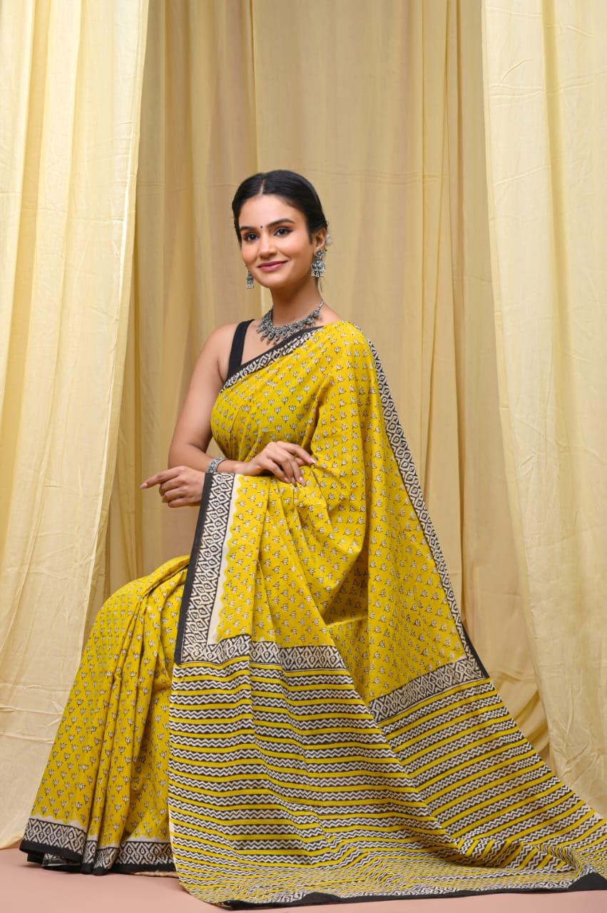 Premium Mul Cotton Hand Block Printed Saree With Blouse Piece - BFSBTC72