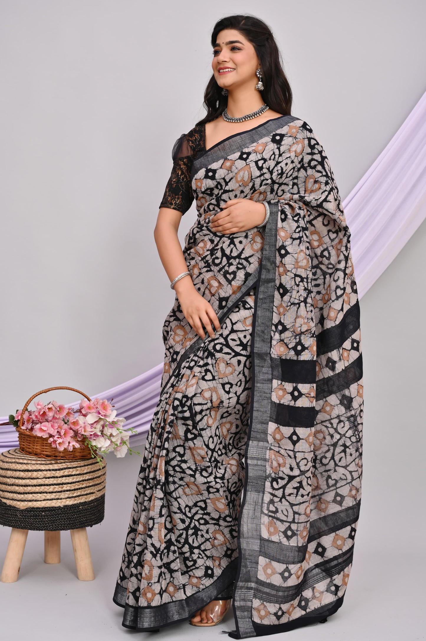 Batik Hand Block Printed Saree In Linen Cotton With Blouse Piece - BFSGLC60