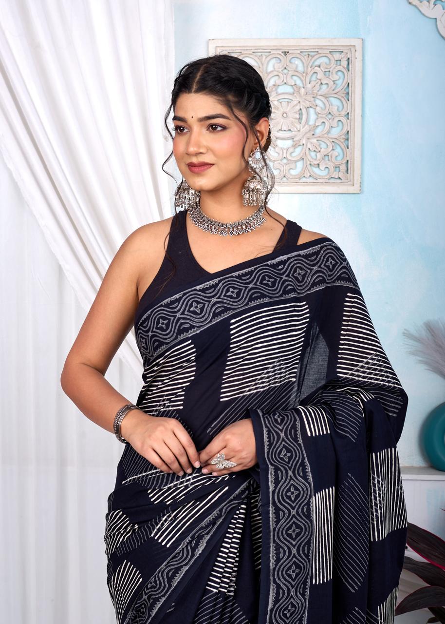 Black & White Bagru Cotton Hand Block Printed Saree With Blouse Piece - BFSGCA5