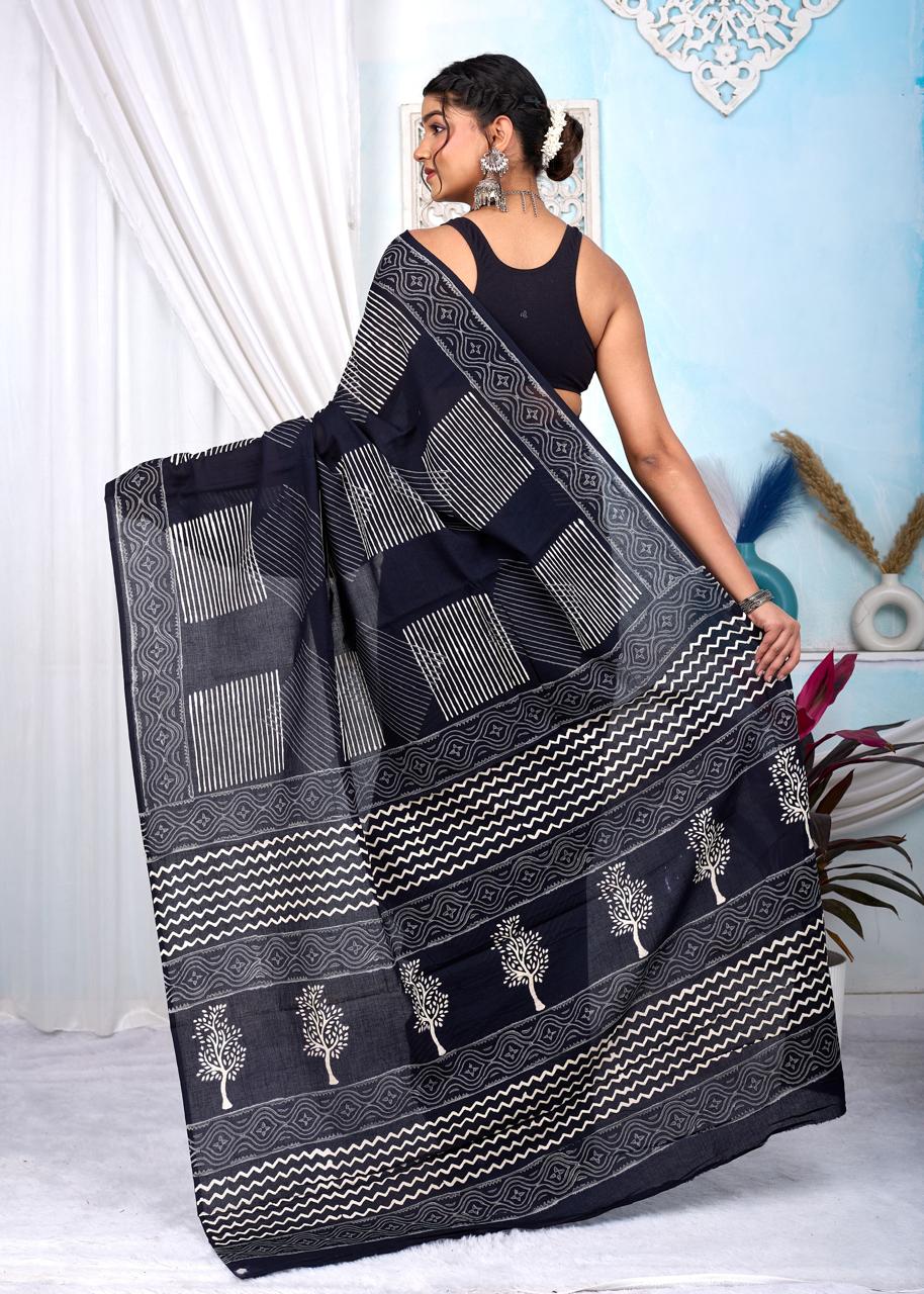 Black & White Bagru Cotton Hand Block Printed Saree With Blouse Piece - BFSGCA5