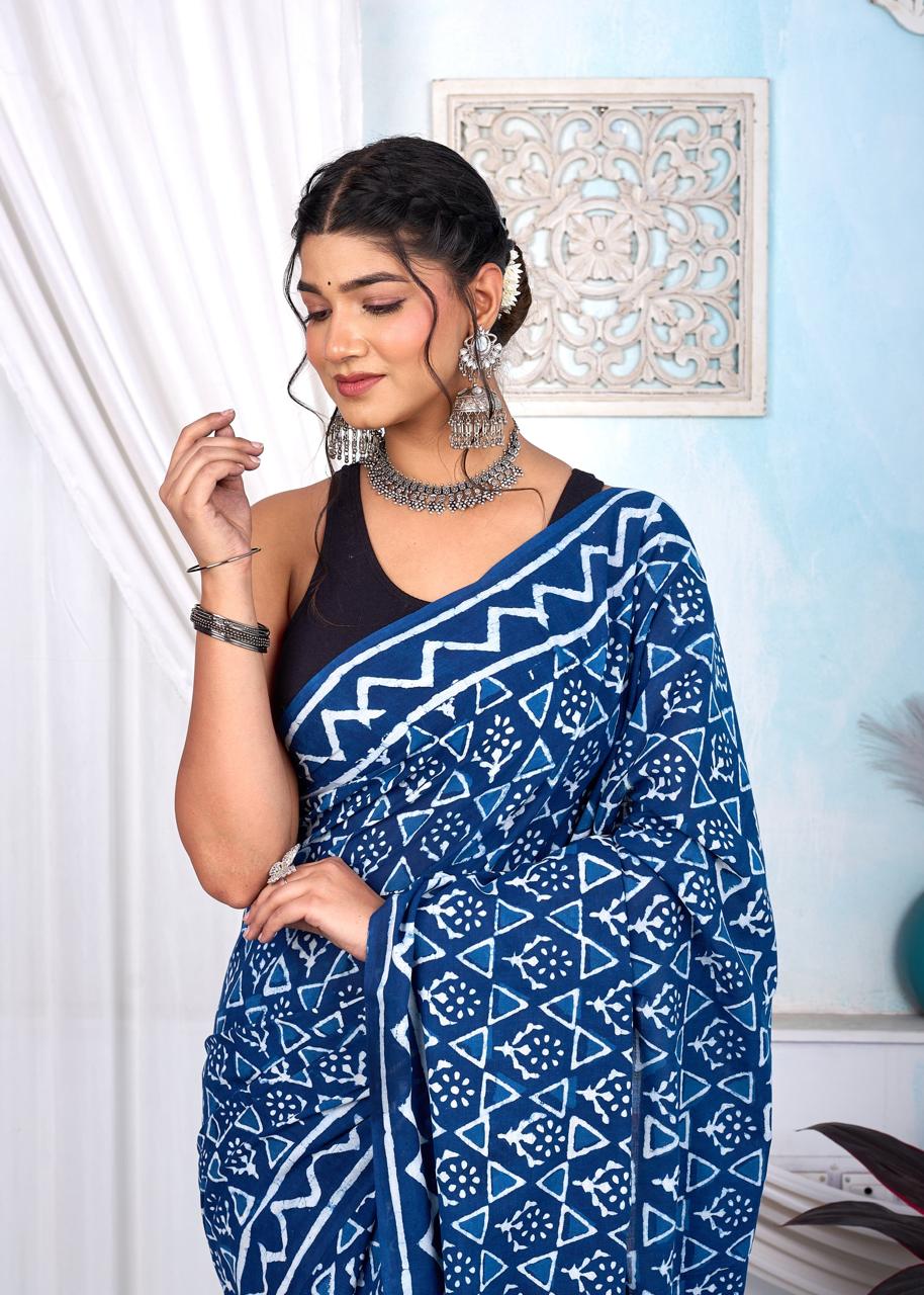 Indigo Dabu Cotton Hand Block Printed Saree With Blouse Piece - BFSGCA3