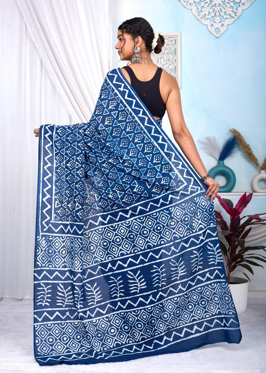 Indigo Dabu Cotton Hand Block Printed Saree With Blouse Piece - BFSGCA3
