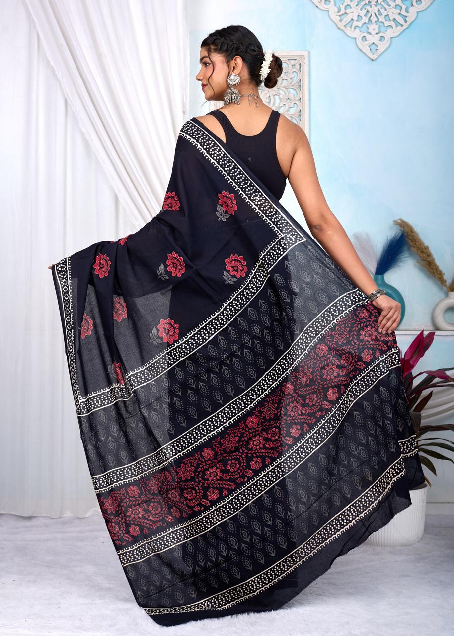 Black & White Bagru Cotton Hand Block Printed Saree With Blouse Piece - BFSGCA10