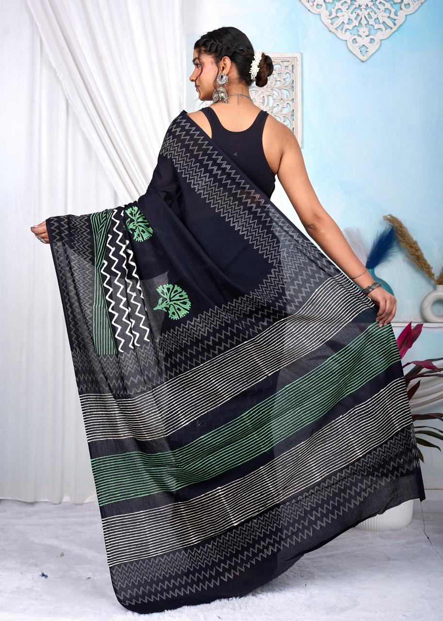 Black & White Bagru Cotton Hand Block Printed Saree With Blouse Piece - BFSGCA6