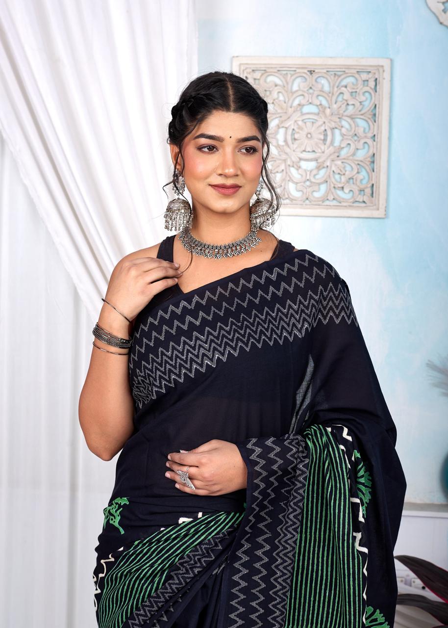 Black & White Bagru Cotton Hand Block Printed Saree With Blouse Piece - BFSGCA6
