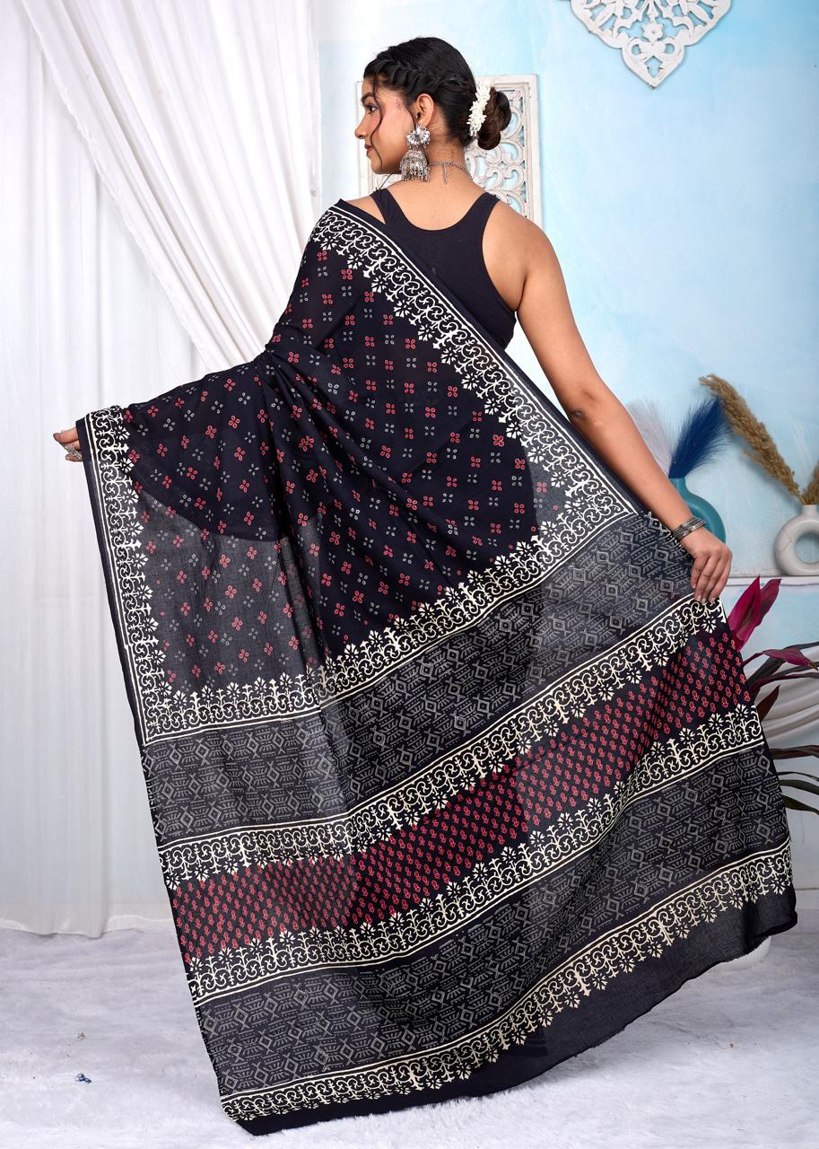 Black & White Bagru Cotton Hand Block Printed Saree With Blouse Piece - BFSGCA7