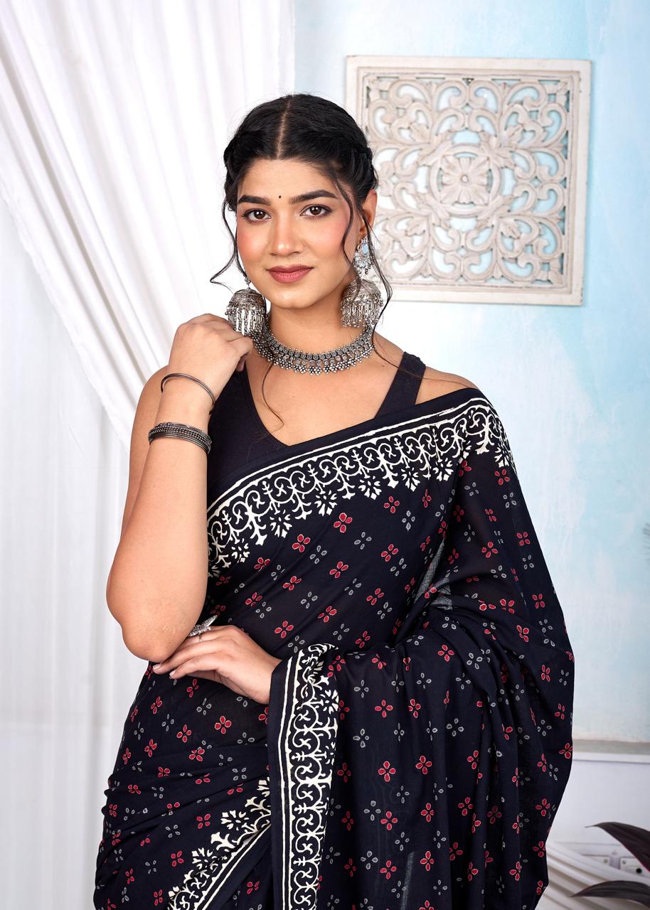 Black & White Bagru Cotton Hand Block Printed Saree With Blouse Piece - BFSGCA7