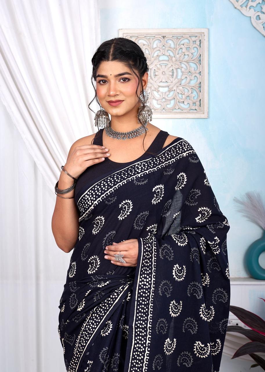 Black & White Bagru Cotton Hand Block Printed Saree With Blouse Piece - BFSGCA8