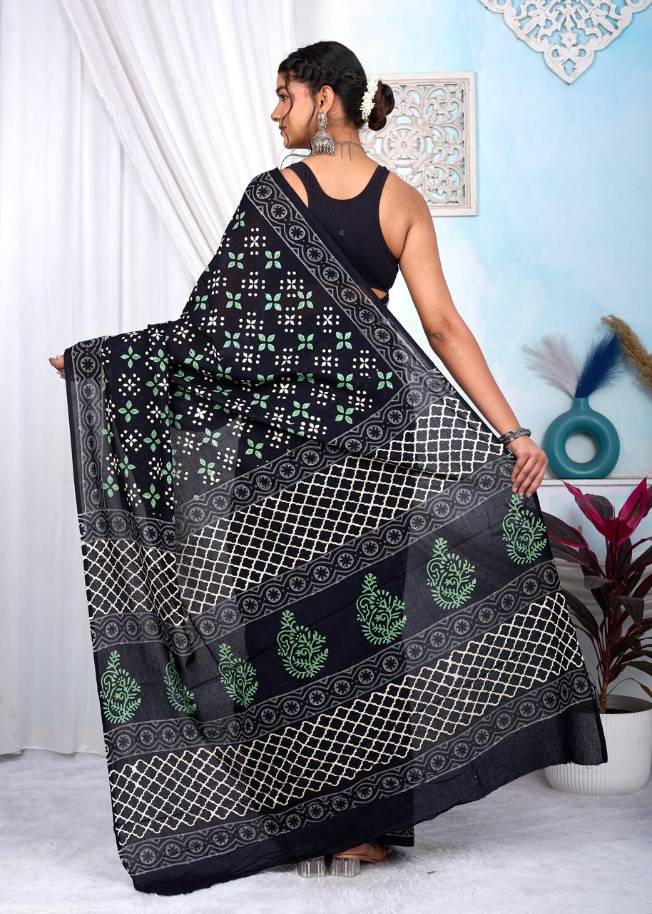 Black & White Bagru Cotton Hand Block Printed Saree With Blouse Piece - BFSGCA9