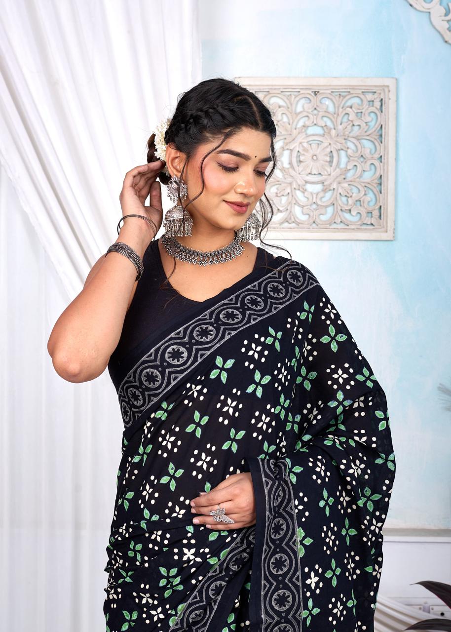 Black & White Bagru Cotton Hand Block Printed Saree With Blouse Piece - BFSGCA9