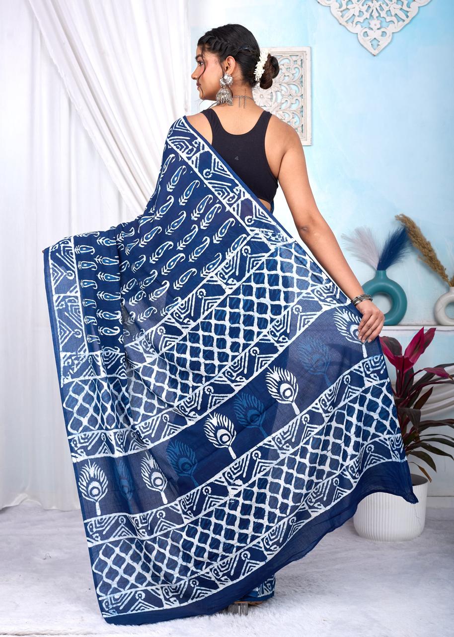 Indigo Dabu Cotton Hand Block Printed Saree With Blouse Piece - BFSGCA2