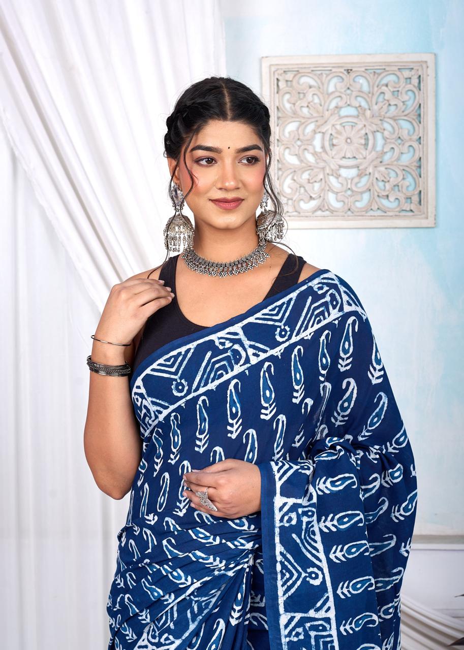 Indigo Dabu Cotton Hand Block Printed Saree With Blouse Piece - BFSGCA2
