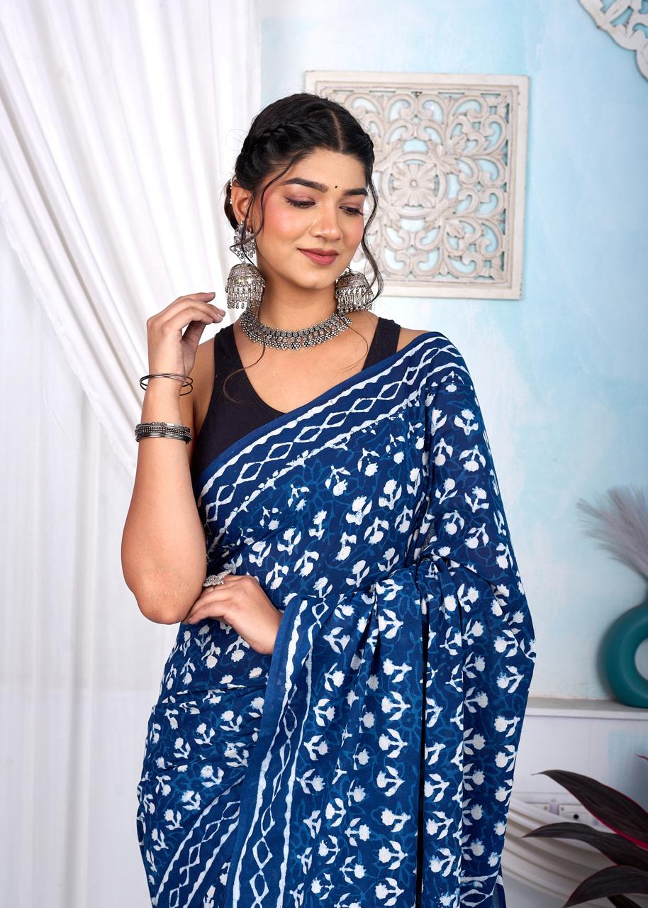 Indigo Dabu Cotton Hand Block Printed Saree With Blouse Piece - BFSGCA1