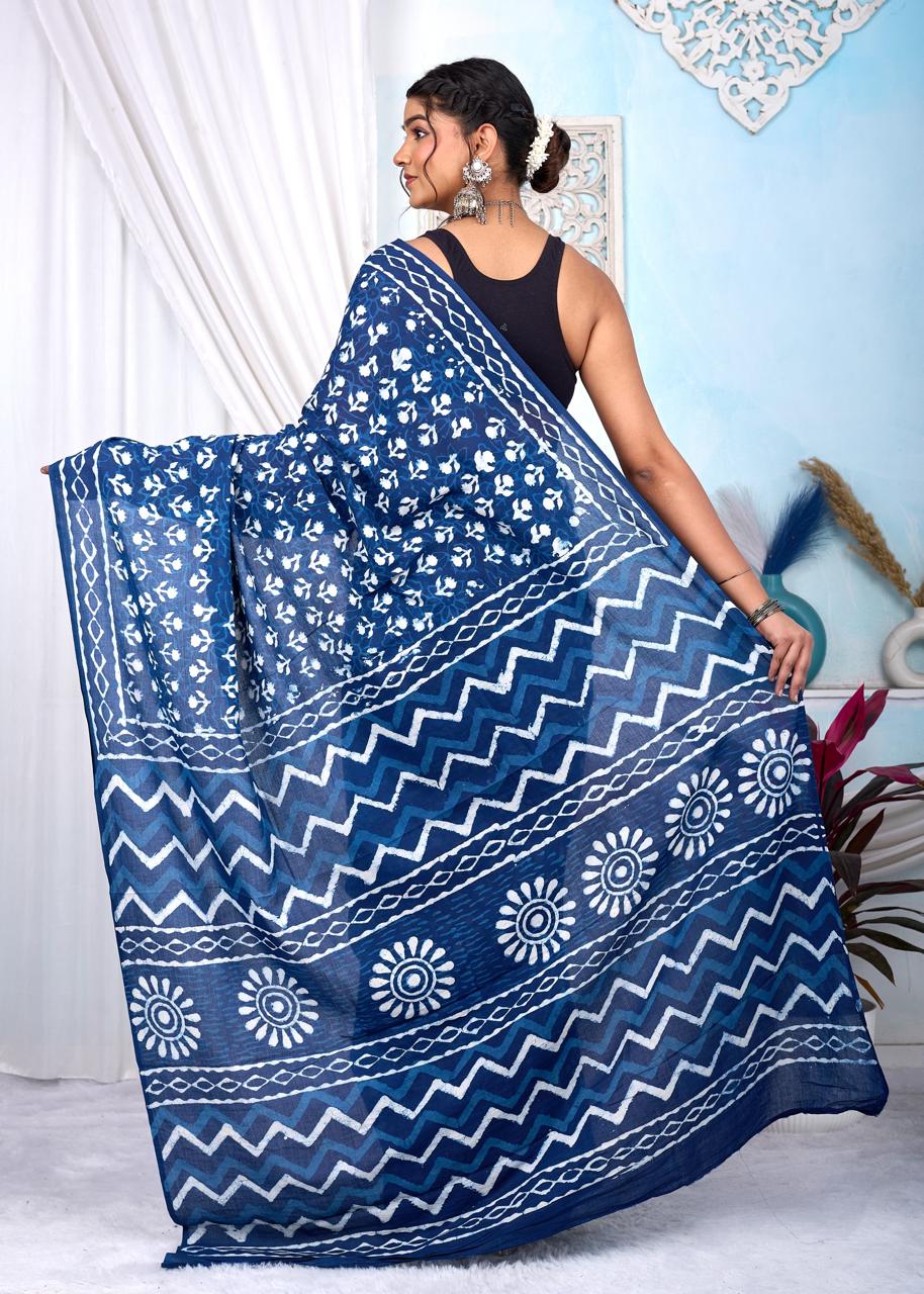 Indigo Dabu Cotton Hand Block Printed Saree With Blouse Piece - BFSGCA1
