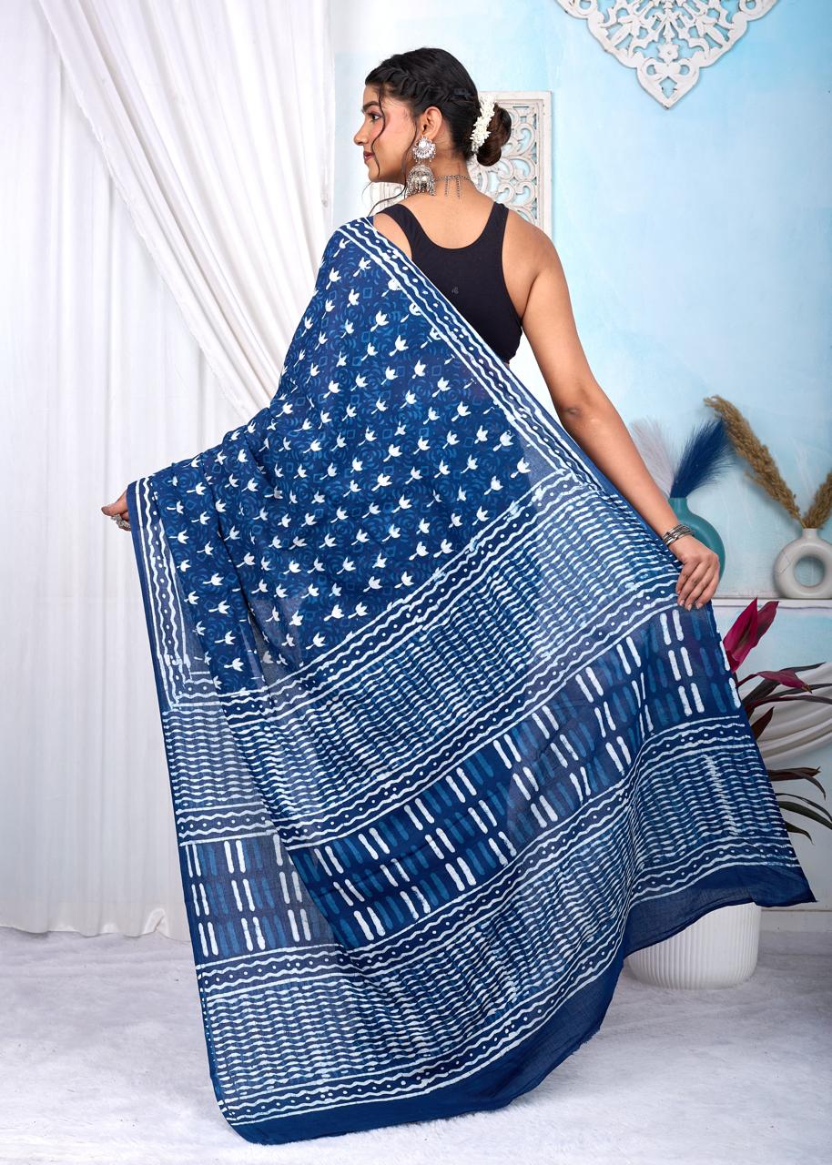Indigo Dabu Cotton Hand Block Printed Saree With Blouse Piece - BFSGCA4