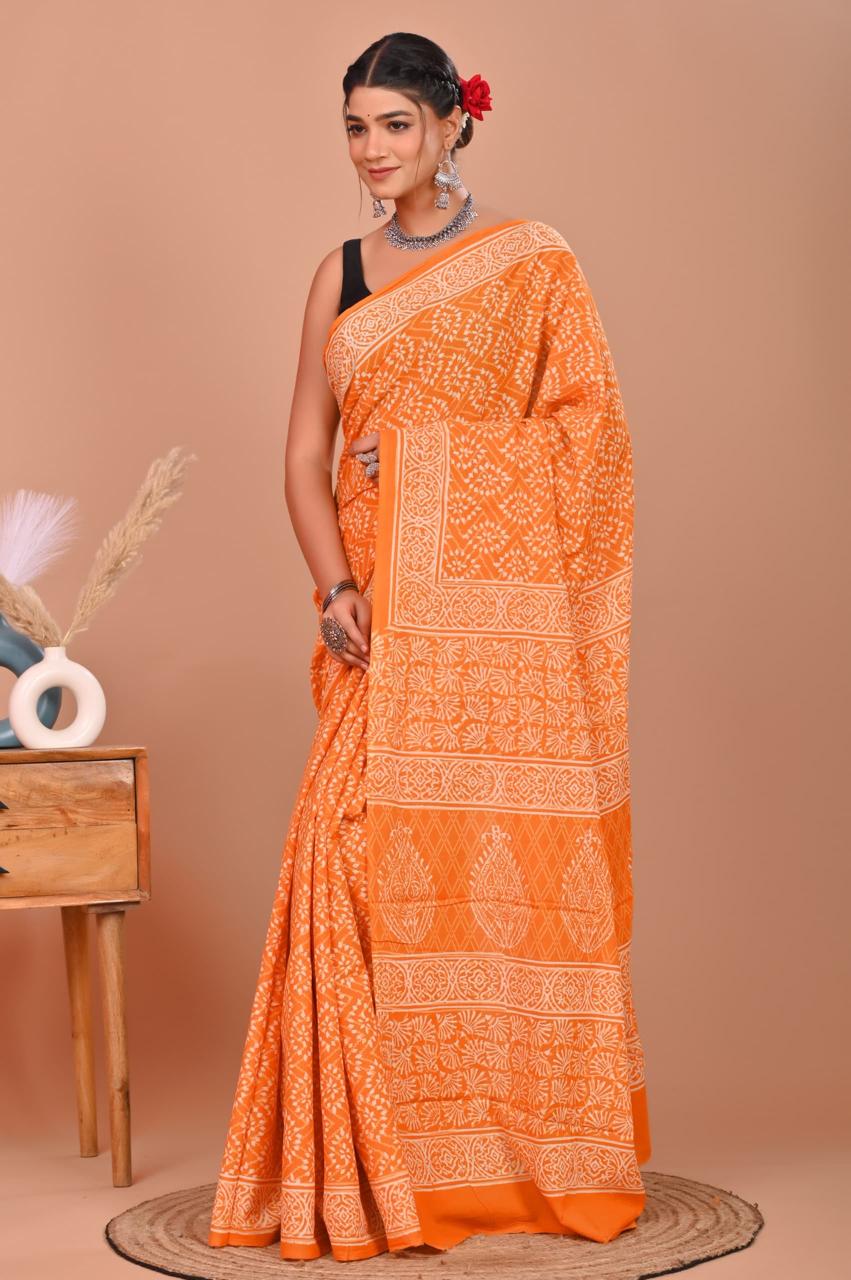 Bagru Cotton Hand Block Printed Saree With Blouse Piece - BFSGC86
