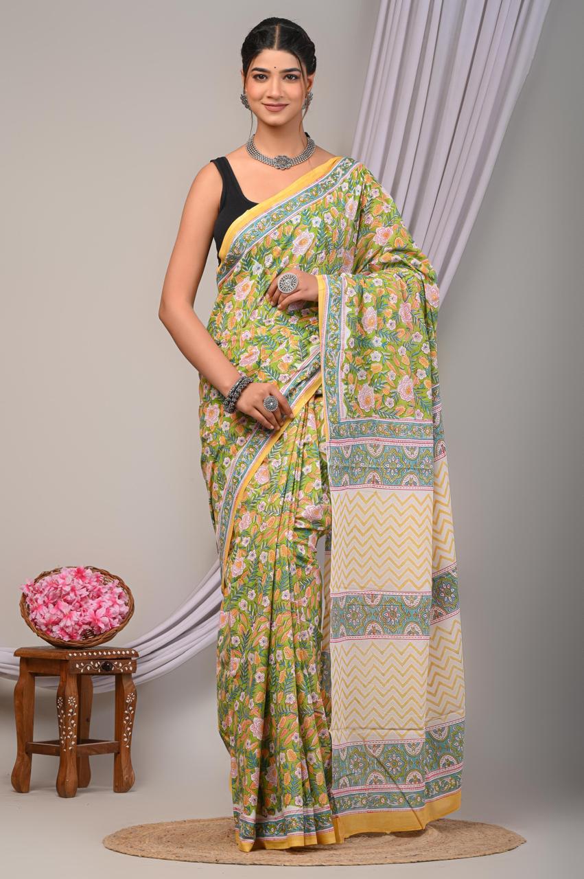 Bagru Cotton Hand Block Printed Saree With Blouse Piece - BFSGC81