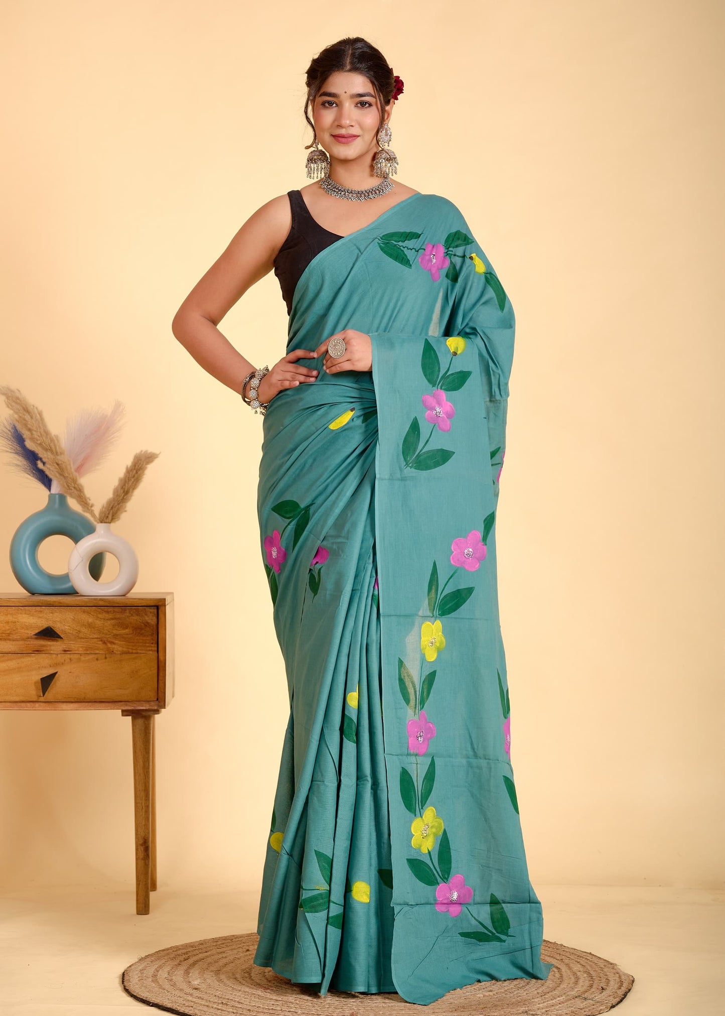 Painted via Hand Brush Cotton Saree With Blouse Piece - BFSGC94