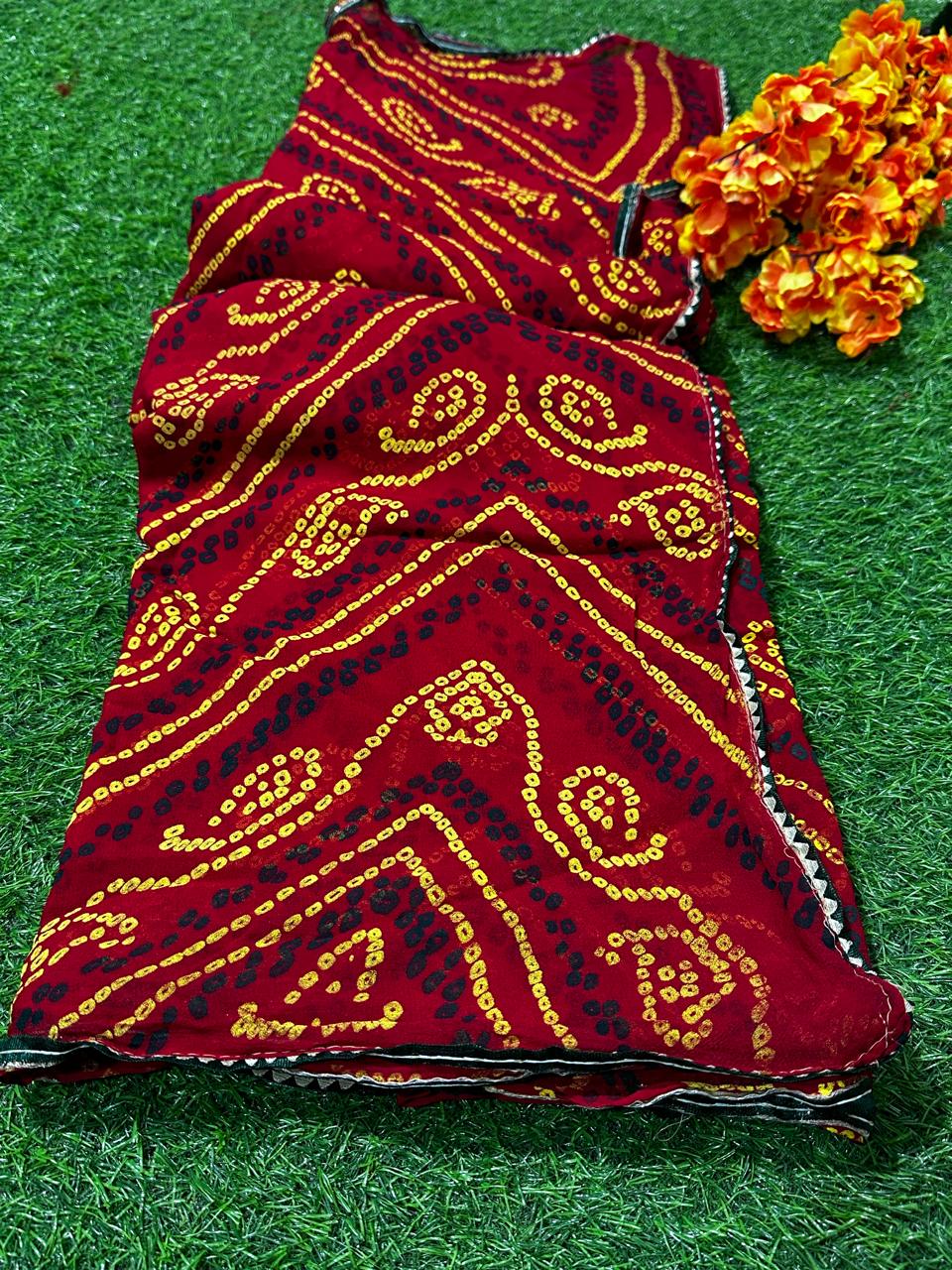 Semi Georgette Rai Bandej Best Quality Saree With Blouse - BFSLB6