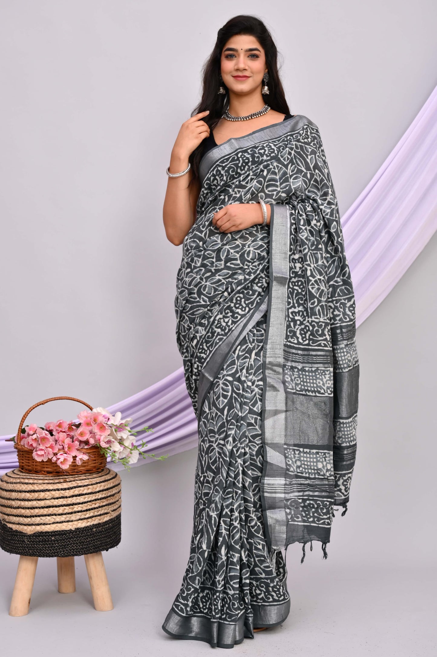 Bagru Hand Block Printed Saree In Linen Cotton With Blouse Piece - BFSGLC37