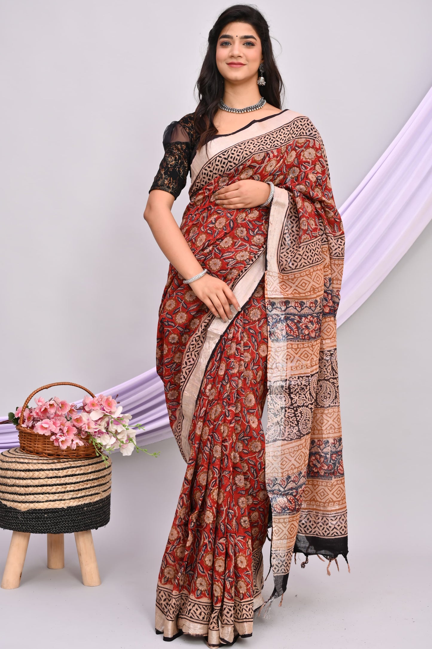 Bagru Hand Block Printed Saree In Linen Cotton With Blouse Piece - BFSGLC49