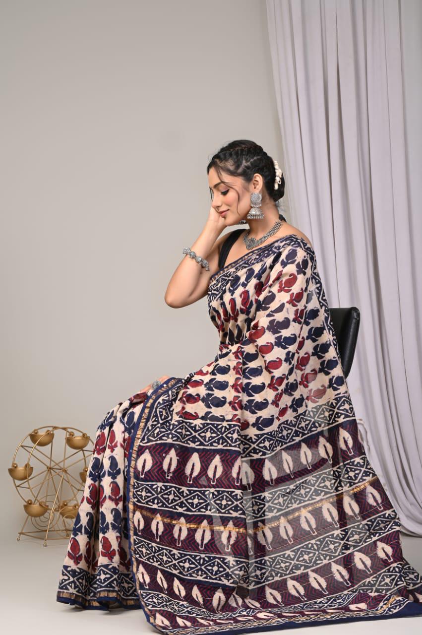 bagru, bagru saree, Chanderi Silk Saree, hand block saree, saree