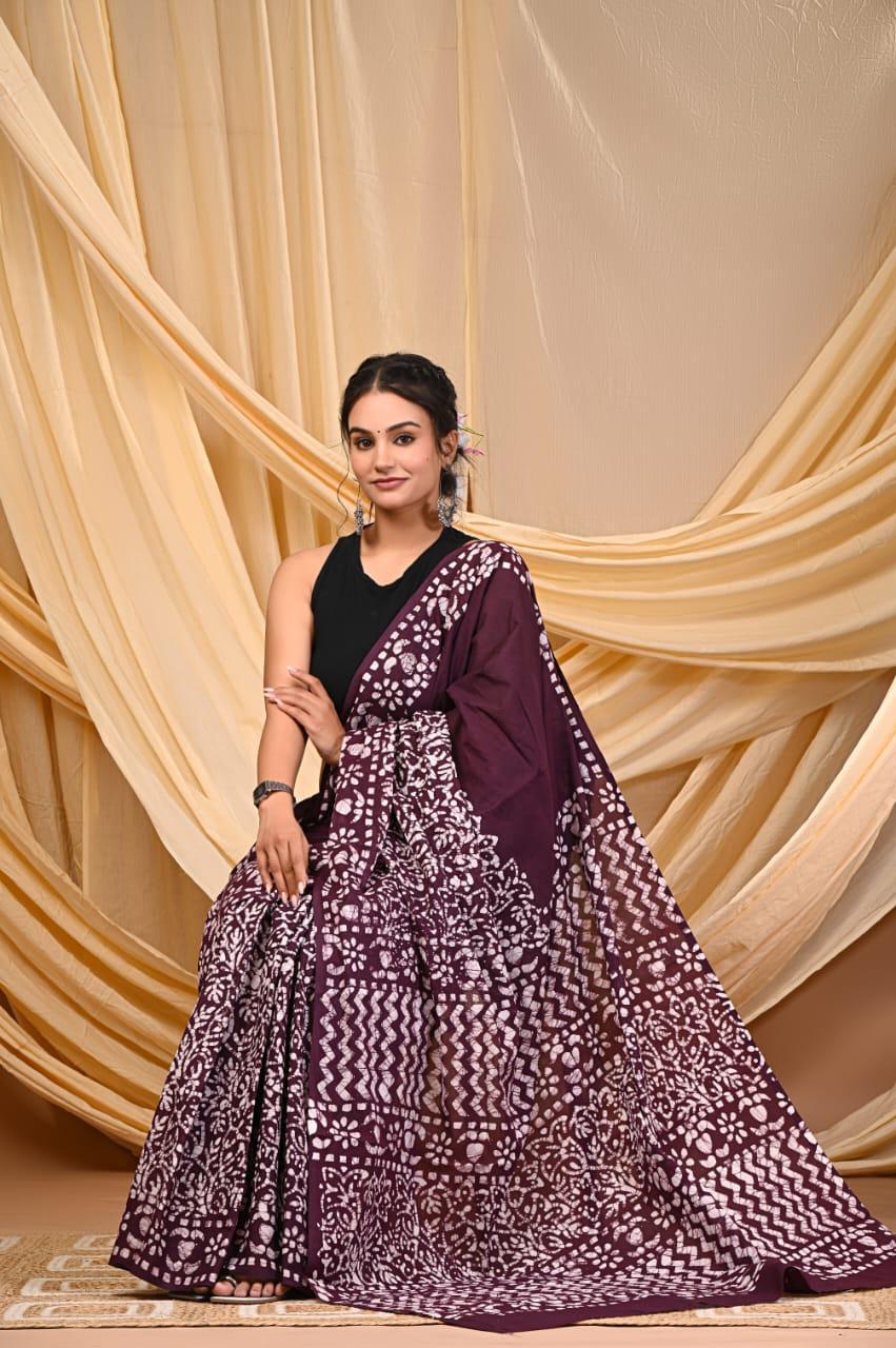 Bagru Cotton Sarees Hand Block Printed Indigo Dabu Batik