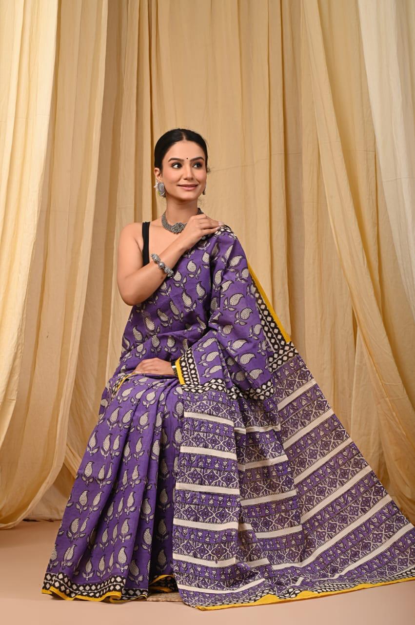 Bagru Cotton Sarees Hand Block Printed Indigo Dabu Batik