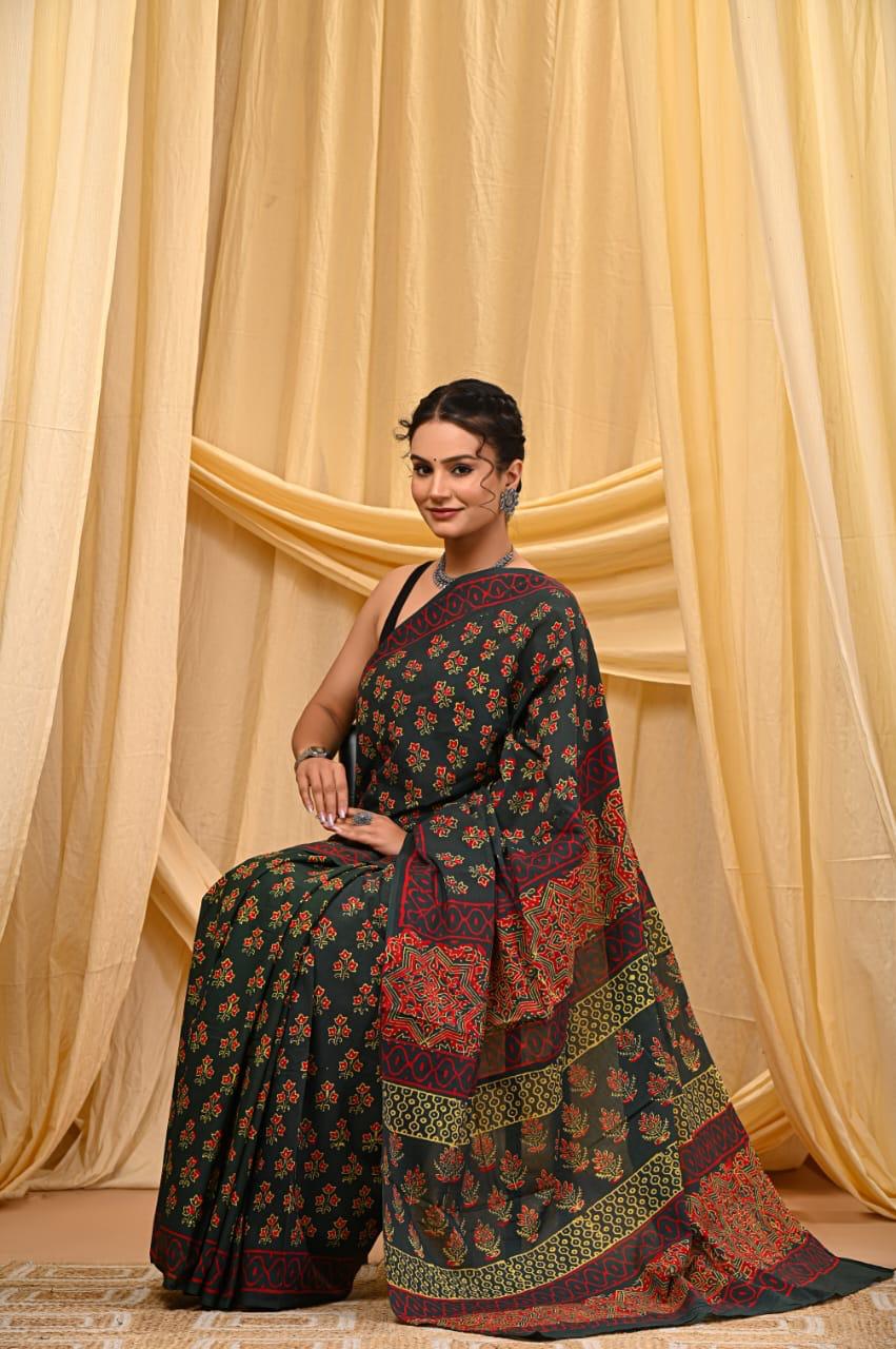 Bagru Cotton Sarees Hand Block Printed Indigo Dabu Batik