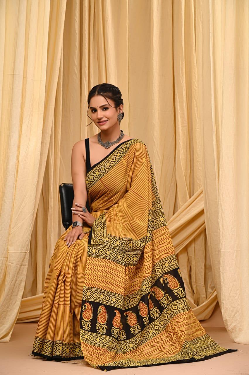 Bagru Cotton Sarees Hand Block Printed Indigo Dabu Batik