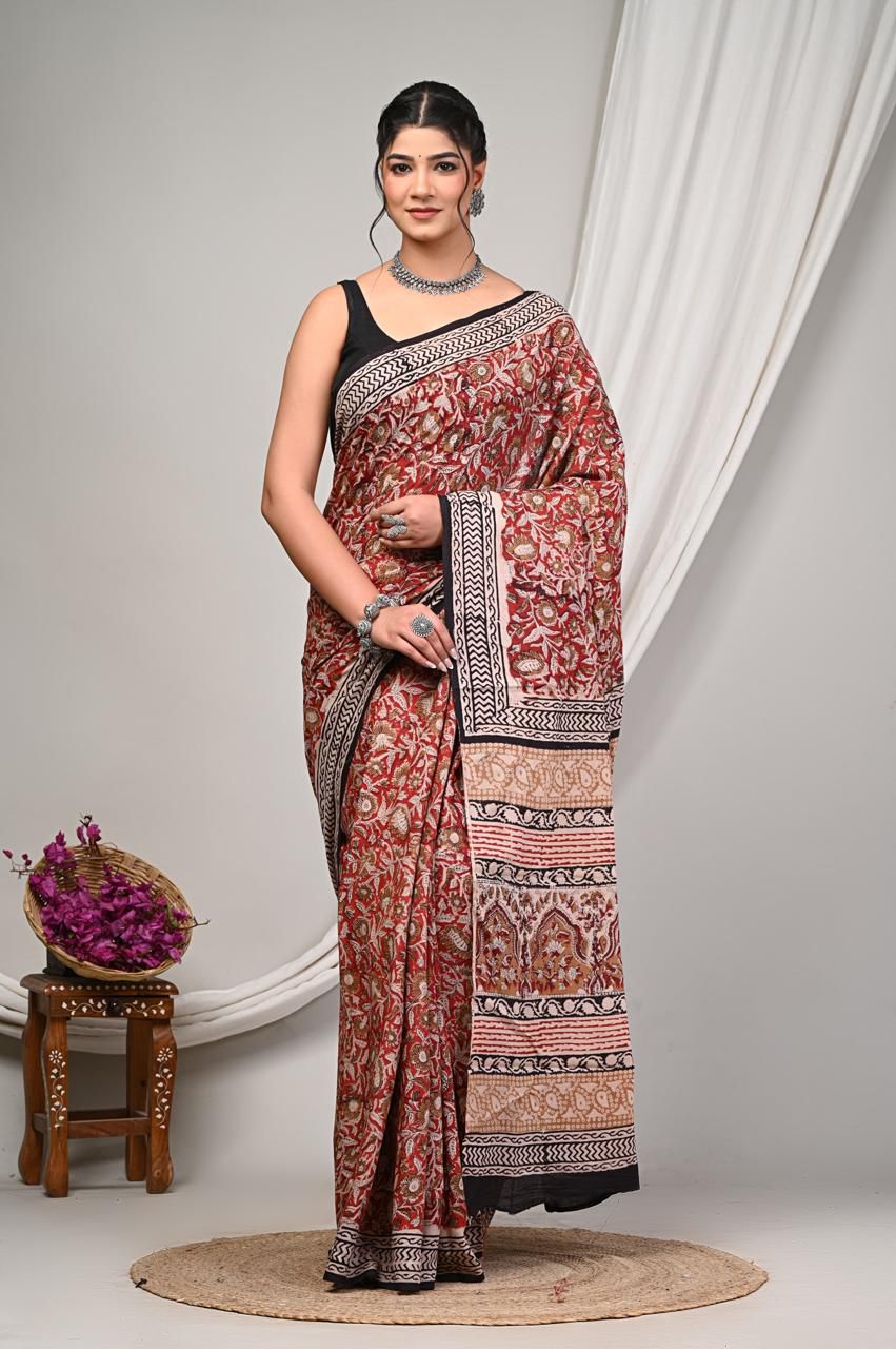 Bagru Cotton Sarees Hand Block Printed Indigo Dabu Batik