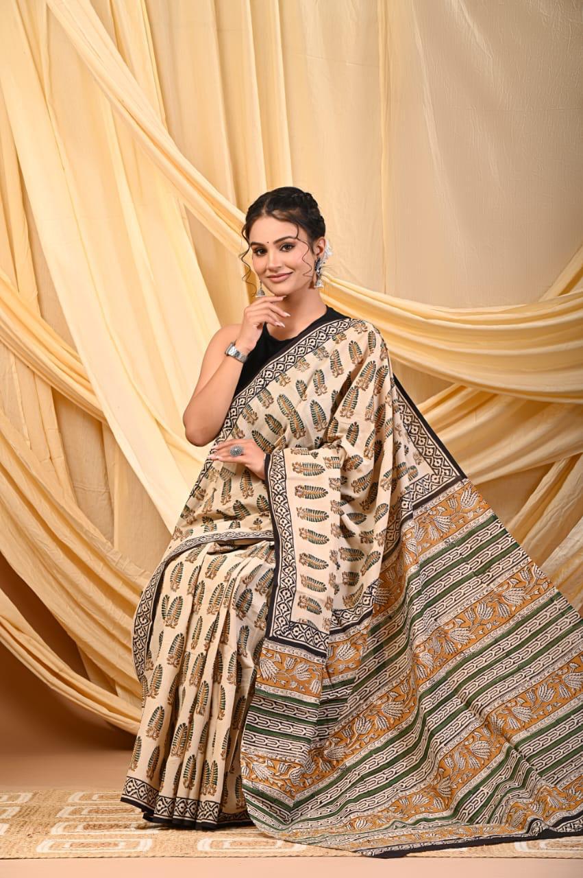Bagru Cotton Sarees Hand Block Printed Indigo Dabu Batik