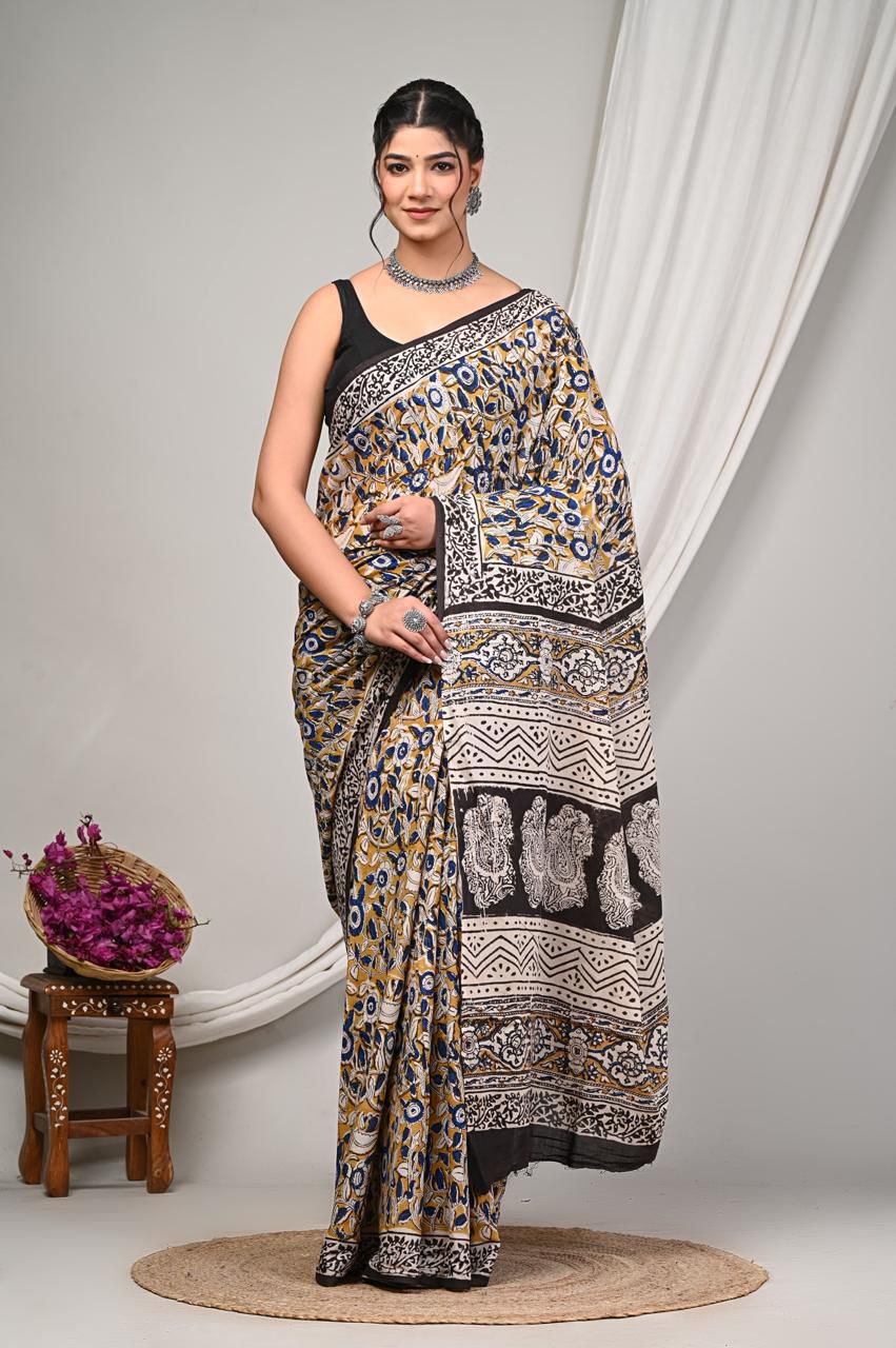 Bagru Cotton Sarees Hand Block Printed Indigo Dabu Batik