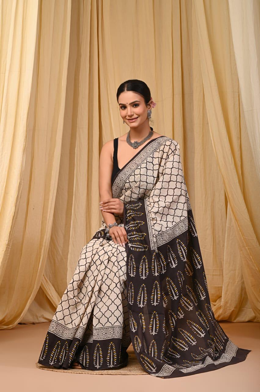Bagru Cotton Sarees Hand Block Printed Indigo Dabu Batik