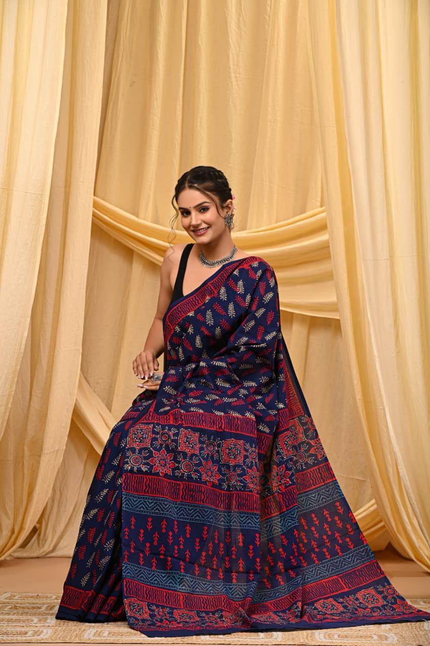 Bagru Cotton Sarees Hand Block Printed Indigo Dabu Batik