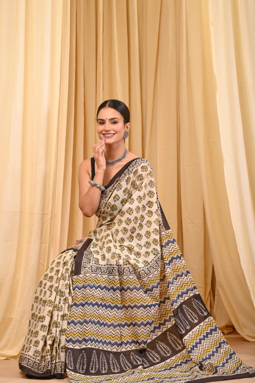 Bagru Cotton Sarees Hand Block Printed Indigo Dabu Batik