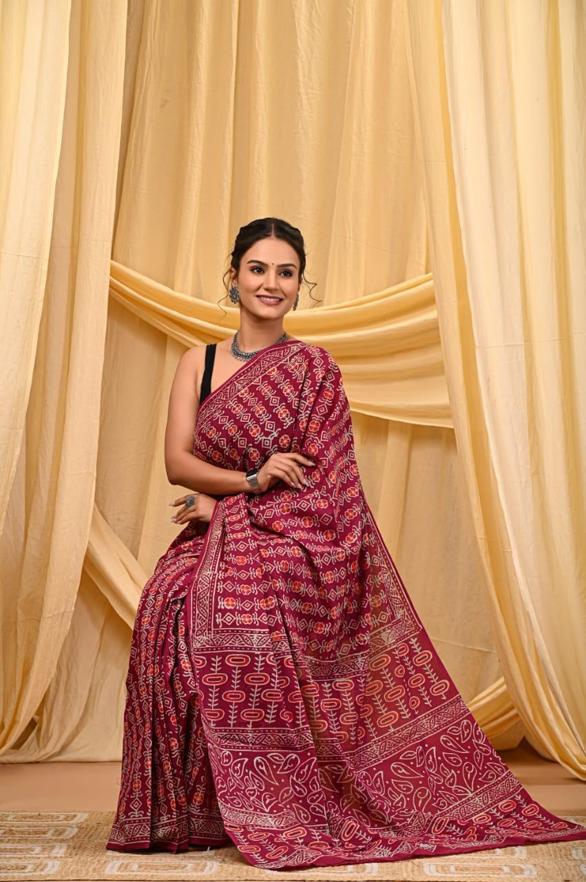 Bagru Cotton Sarees Hand Block Printed Indigo Dabu Batik